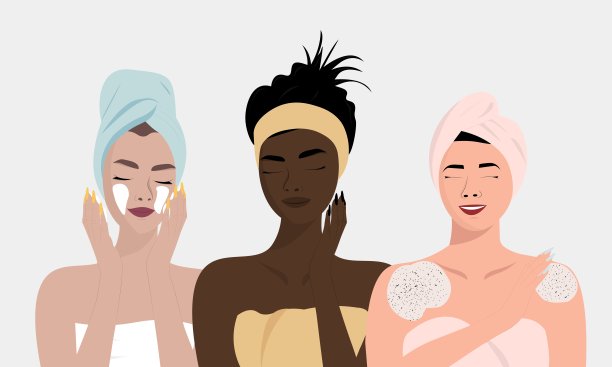 三个年轻漂亮的女人有每天的美容例行公事。自我关怀，自我接纳，爱自己，自恋概念。向量。图片下载