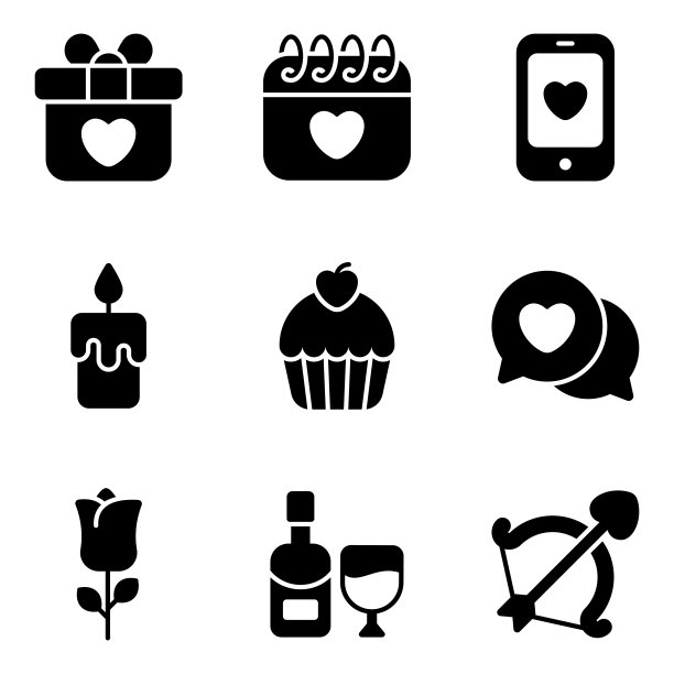 情人节字形矢量图标集，现代矢量流畅风格，用于网页或移动应用程序。图片下载