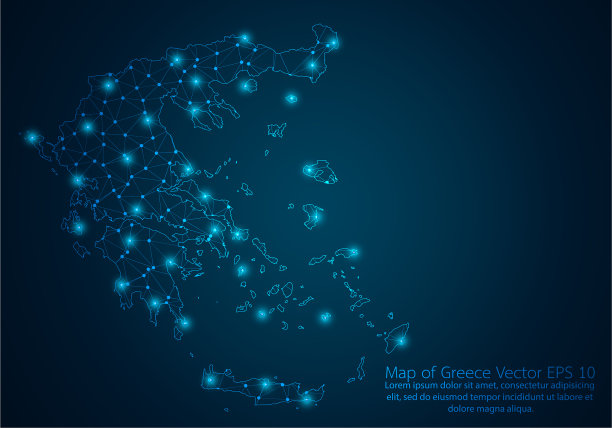 以希腊地图为背景，在暗色背景上抽象的线和点比例尺。三维网格多边形网络线，设计球体，圆点和结构。矢量插图eps 10。图片下载