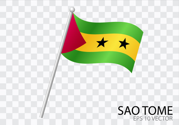 圣多美国旗，旗杆在风中飘扬。矢量图图片下载