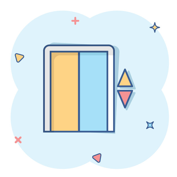 漫画风格的电梯图标。抬起卡通矢量插图在白色孤立的背景。客运飞溅效应经营理念。图片下载