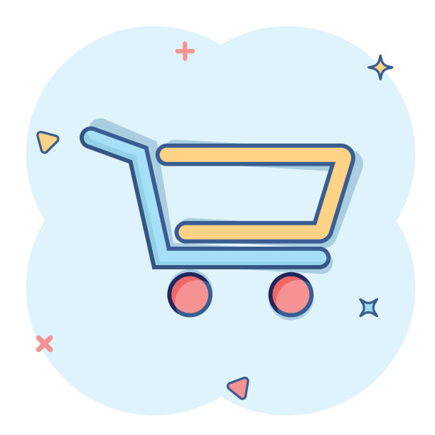 漫画风格的购物车图标。电车卡通矢量插图在白色孤立的背景。花篮飞溅效应的经营理念。图片下载