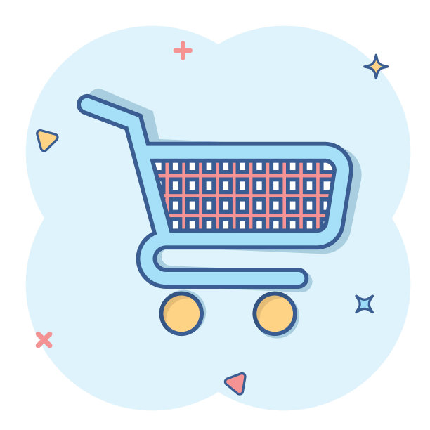 漫画风格的购物车图标。电车卡通矢量插图在白色孤立的背景。花篮飞溅效应的经营理念。图片下载