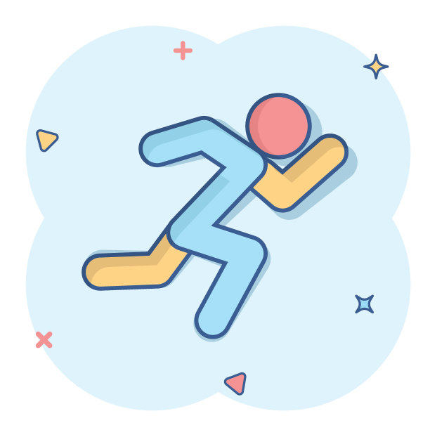 跑人图标在漫画风格。跳跃卡通矢量插图在白色孤立的背景。健身飞溅效应的经营理念。图片下载