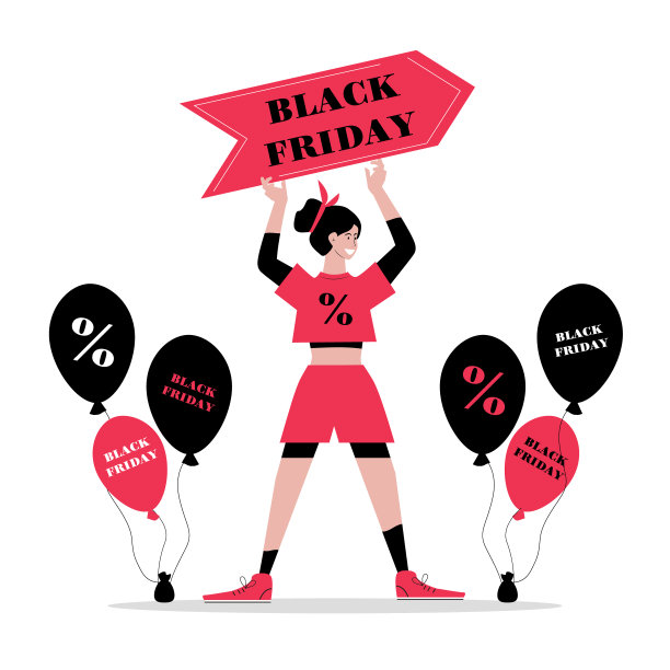 黑色星期五大减价。大促销折扣。时尚女士与价格标签上的购物和五颜六色的气球附近的商店。大的折扣。促销的概念。图片下载