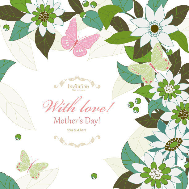 一个正方形的邀请卡片，有一个孤立的角落边界的花朵图案和飞翔的蝴蝶。白色背景下绿色和白色花瓣的花朵。一个对你的设计充满爱的模板。图片下载