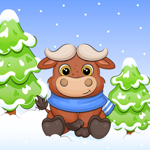 戴着蓝围巾的可爱卡通水牛。图片下载