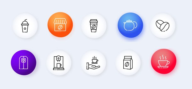 咖啡馆设置图标。咖啡，拿铁，卡布奇诺，美式咖啡，马克杯，茶，茶包，草药，咖啡豆，水壶。咖啡屋里的概念。新生变形样式。矢量线图标的业务和广告图片下载