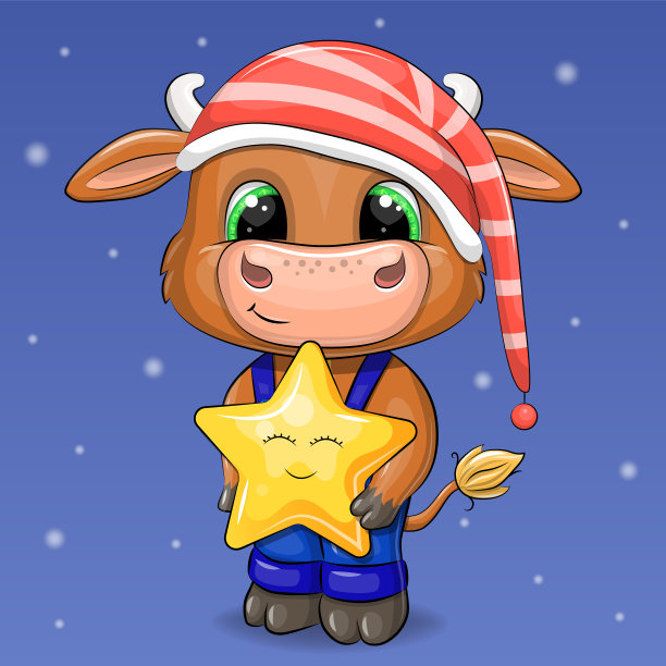 可爱的卡通公牛头戴睡帽，手里拿着一颗星星。图片下载