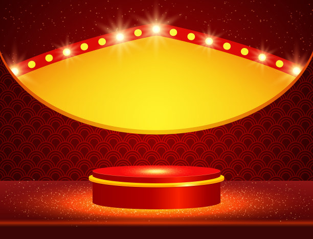 矢量插图红色图案背景与闪闪发光的舞台、讲台和金色拱门图片下载