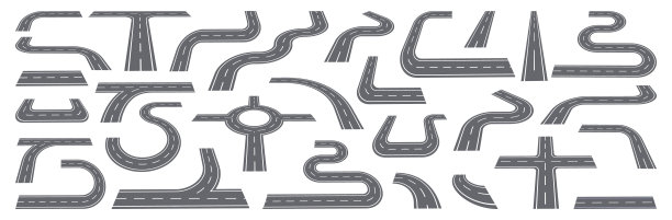 高速公路和道路路段，街道和十字路口，直线和曲线生活。车道方向与城市基础设施建设。矢量平面卡通风格图片下载