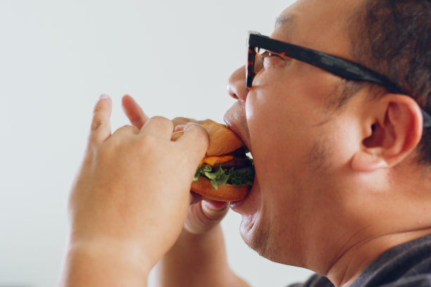 亚洲胖子喜欢吃不健康的垃圾食品，汉堡包，披萨，炸鸡图片下载