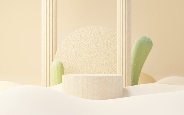 3d模拟棕色奶油讲台与仙人掌和沙子沙漠迷你主题。用于产品和化妆品展示的台座。抽象多彩的广告场景。推销的背景。图片下载