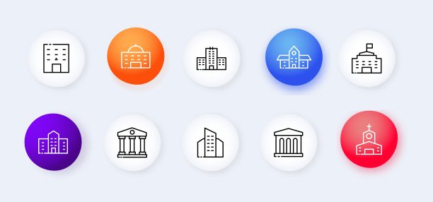 建筑服务图标：建筑、摩天大楼、公寓、教堂、博物馆、剧院、行政管理。工程概念。新拟物主义。商业和广告矢量线条图标图片下载