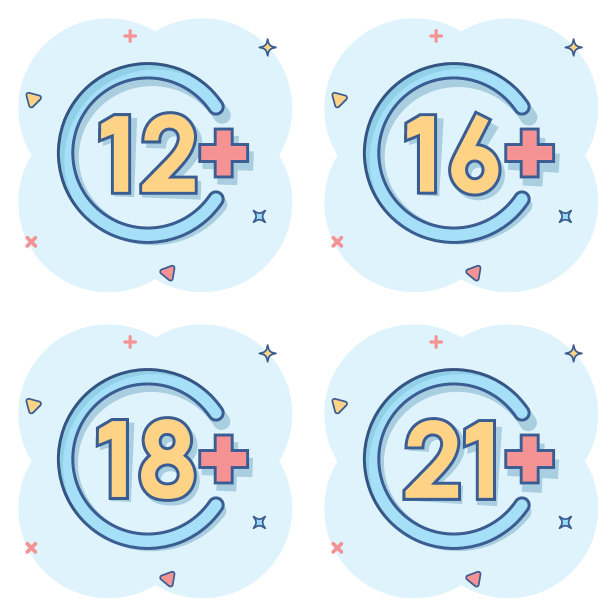 12, 16, 18, 21加上漫画风格的图标。审查卡通矢量插图在白色孤立的背景。审查飞溅效应的商业理念。图片下载