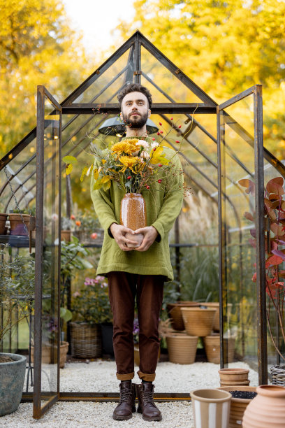花园里捧着花束的男人图片下载