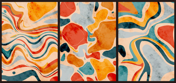 三套抽象波普艺术美学背景与不同的形状，波浪，点，细线。图片下载