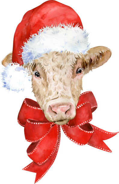 可爱的棕色奶牛戴着红色的蝴蝶结和圣诞老人的帽子。水彩插图。图片下载
