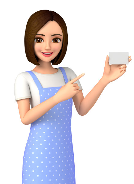 一个穿着围裙的女人出示了她的名片。图片下载