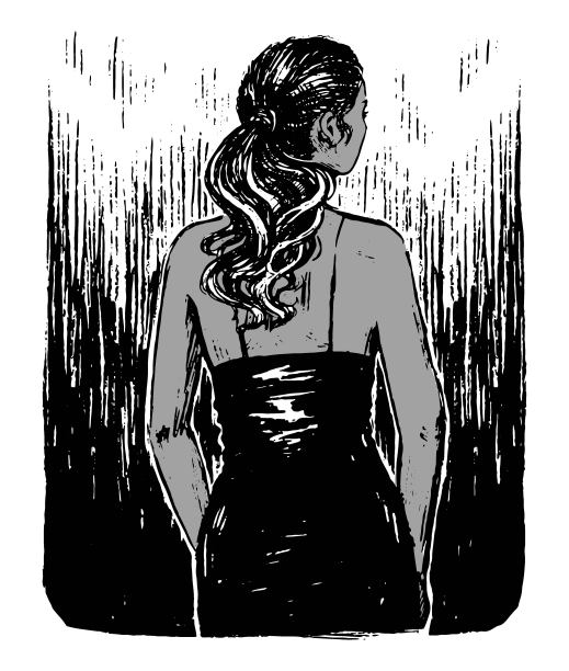 穿着优雅衣服的漂亮女人转过身去。单色手绘矢量插图。孤立在白色上的抽象图形。艺术版画，海报在复古雕刻风格。图片下载