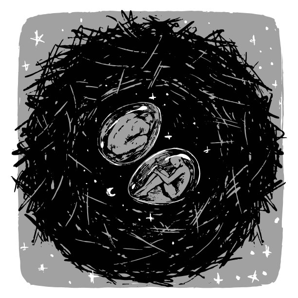 鸟窝，里面有蛋和人。创造生命的概念，出现了人类。单色手绘矢量插图。孤立在白色上的抽象图画。图片下载