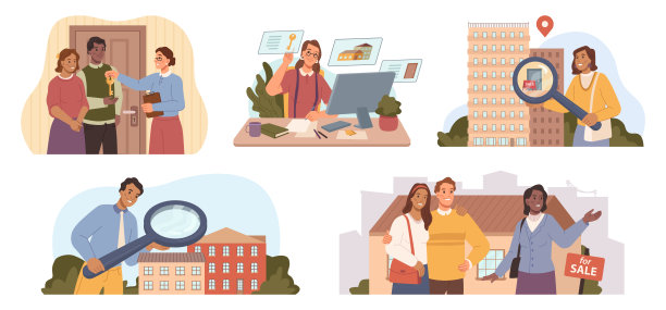 客户在看房地产经纪人展示的房产。寻找公寓或房子。女人把钥匙给新人，搬进来了。矢量不动产设置在平面卡通风格图片下载