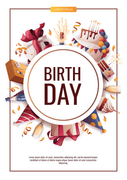 生日宣传单设计与蛋糕，香槟，纸杯蛋糕，礼物，帽子，五彩纸屑。图片下载