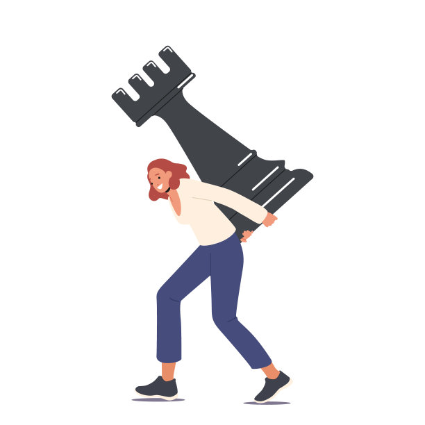 妇女携带巨大的车棋子孤立在白色背景。战术优势，成功的创业战术图片下载