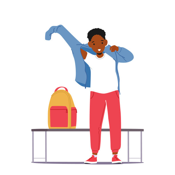 黑人小男孩穿着衣服站在长凳上，背包孤立在白色背景上。学生换衣服图片下载