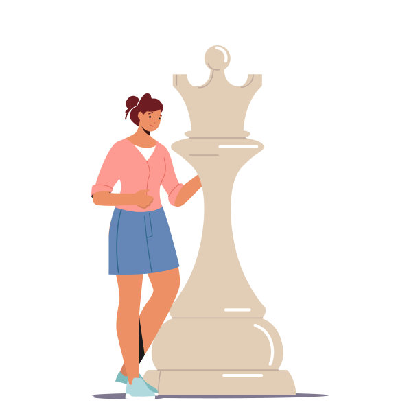 女性角色下棋，女性角色站在巨大的皇后或国王棋子。商业战略计划，战略博弈图片下载