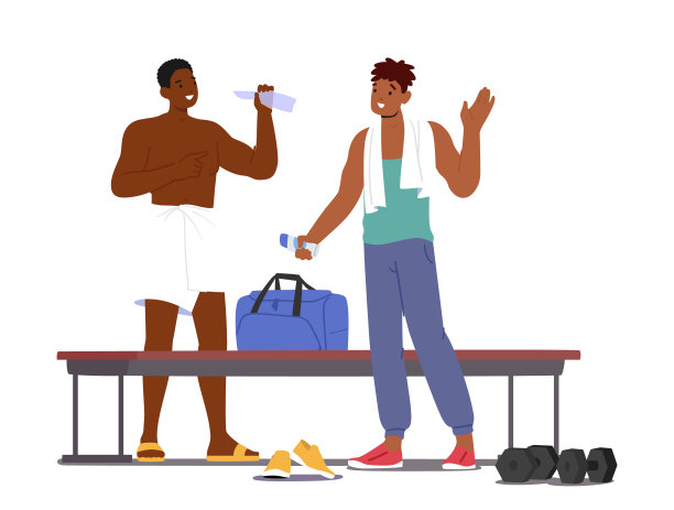 《体育更衣室》中的男性角色。年轻男子在训练或健身后更换衣服，矢量插图图片下载