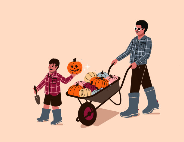 一家人一起摘南瓜的父子。图片下载