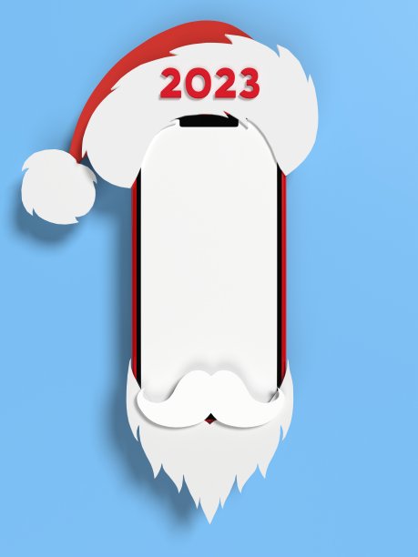 圣诞老人的脸换成了智能手机，上面有2023个文本和空白的白色区域供你发送圣诞短信图片下载