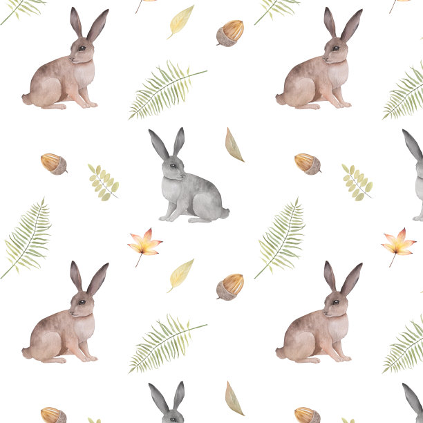 水彩无缝图案与卡通兔子和蕨叶在白色背景上图片下载