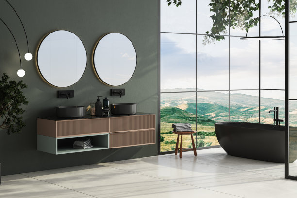 现代极简主义的浴室内部，深绿色的墙壁，豪华的浴室橱柜，双水槽，室内植物，浴缸，台面，从窗户看森林。舒适的浴室设计。三维渲染图片下载