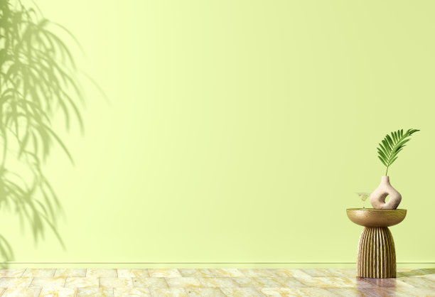 室内背景与明亮的绿色墙壁和花瓶与棕榈叶装饰口音表。空的模拟墙与叶影和大理石瓷砖地板。现代家居装饰。三维渲染图片下载