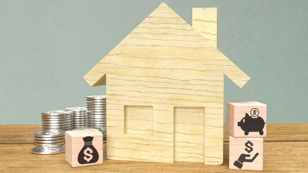 木材家和商业符号的立方体上的财产或房地产概念3d渲染图片下载