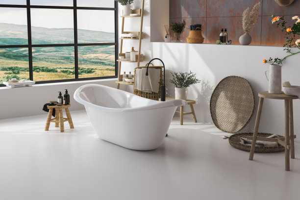 白色舒适的浴室内部有美丽的浴缸，浴室配件，毛巾，植物，瓷砖墙，梯子，玫瑰。最小的设计。浴室的背景。模型3 d渲染图片下载