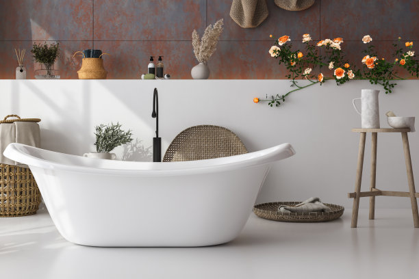 白色舒适的浴室内部有美丽的浴缸，浴室配件，毛巾，植物，瓷砖墙，梯子，玫瑰。最小的设计。浴室的背景。模型3 d渲染图片下载