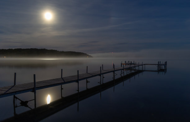 在一轮满月照耀下，密歇根印第安河穆雷特湖的码头图片下载