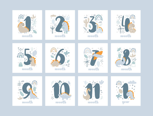 一套婴儿里程碑卡为新生儿一个月至一岁。婴儿淋浴打印可爱的动物恐龙和花捕捉所有特殊的时刻图片下载