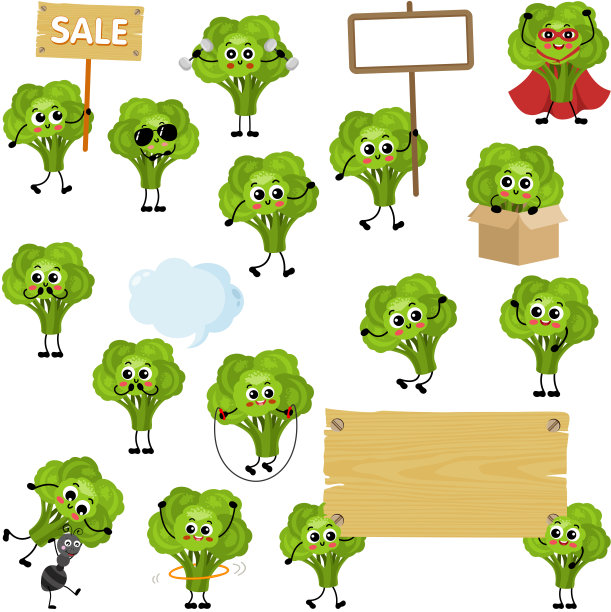 一套数字元素与可爱的绿色花椰菜吉祥物图片下载