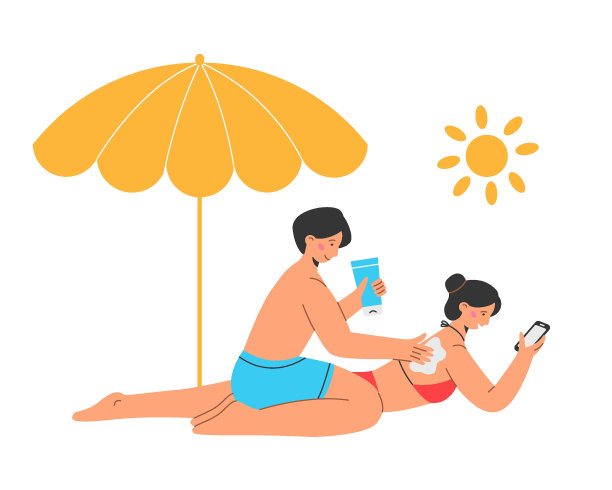 海滩上的男孩和女孩在皮肤上涂防晒霜。图片下载