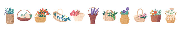 一套美丽的花束图标，开花礼物和礼物，花店设计在篮子，装饰组成图片下载
