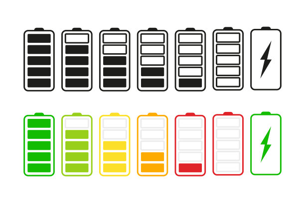 电池图标集。一组电池充电水平指示器。设置不同电量的电池。电池的能量水平。已放电并充满电池的智能手机。矢量图图片下载