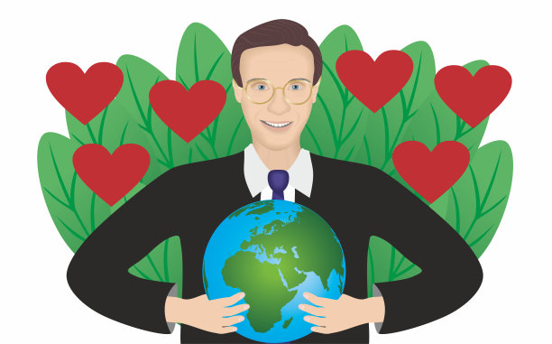 商人控制着地球。背景是树叶和心形。矢量插图。图片下载