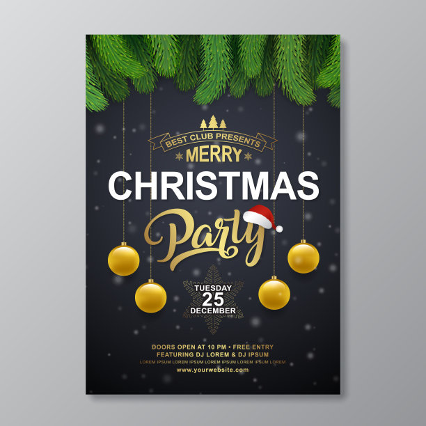 圣诞派对海报设计模板排版，圣诞老人帽子，圣诞树，金色闪光球，悬挂的星星和丝带装饰传单，小册子，横幅，网页和卡片矢量插图图片下载