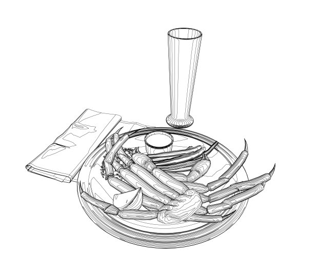 一个盘子上的螃蟹，一张餐巾和一个玻璃杯的轮廓从黑色的线孤立在白色的背景。等距视图。矢量插图。图片下载