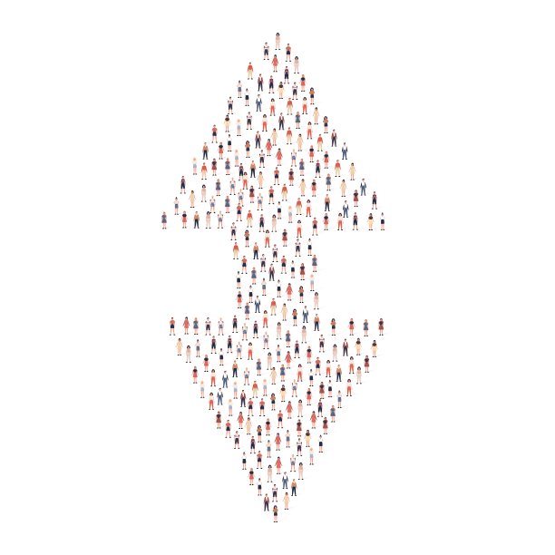 一大群人的剪影挤在一起的箭头方向形状孤立在白色背景。矢量图图片下载