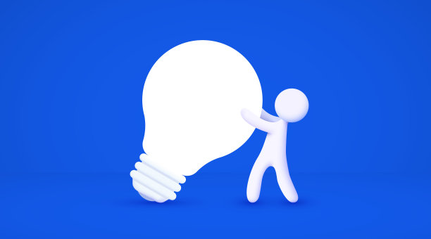 3d白色卡通人拿着大灯泡。概念的概念。孤立的蓝色背景。图片下载